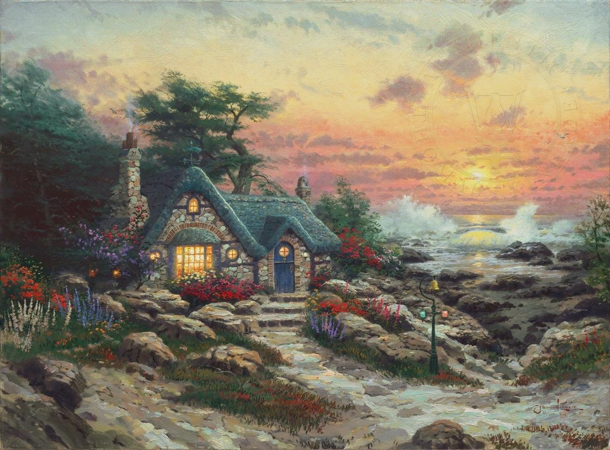 Cottage au bord de la mer Thomas Kinkade Peintures à l'huile